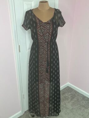 Southwestern Geometric Print Sheer Black Maroon White Maxi Dress